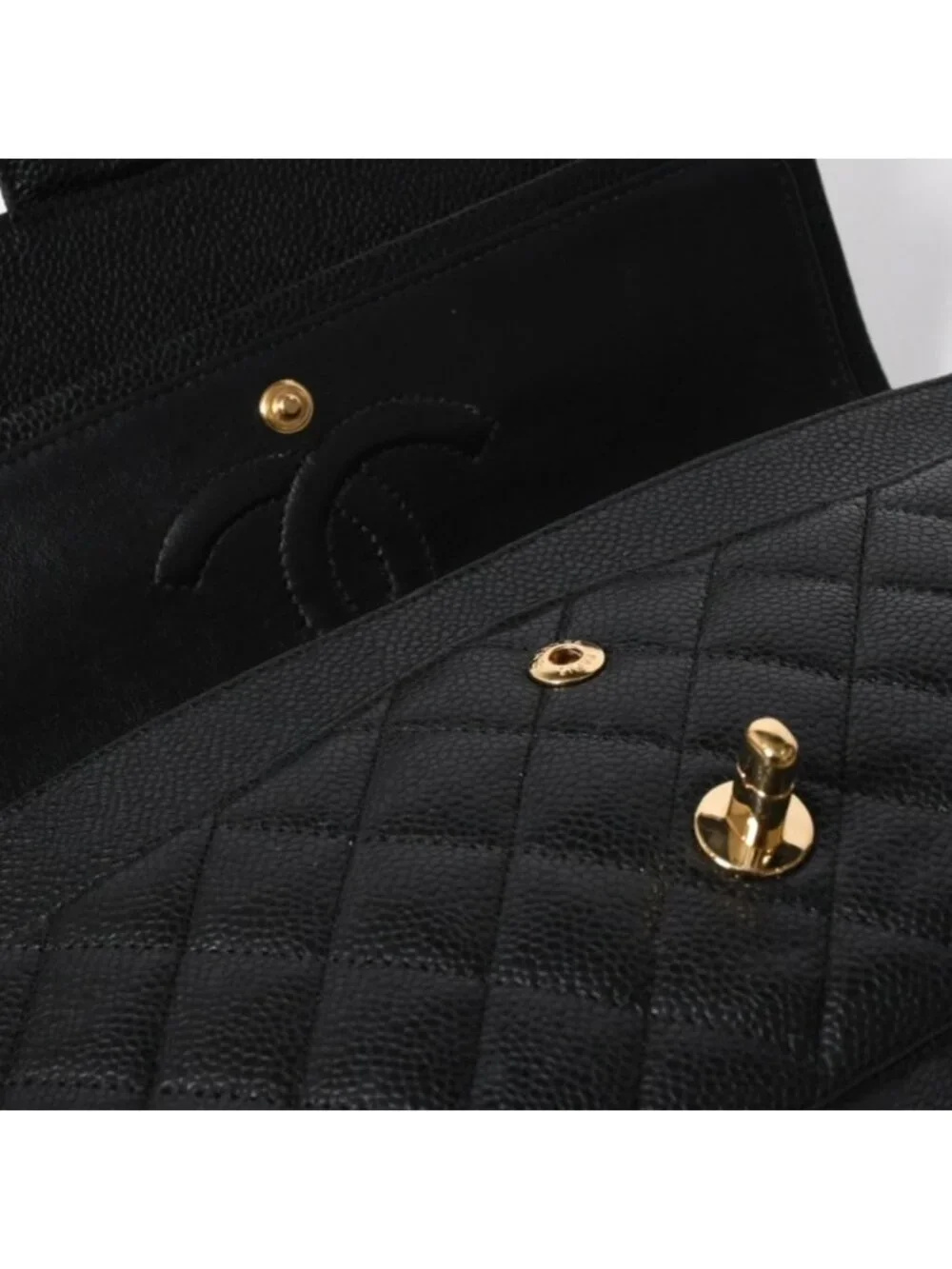 Chanel Quilted 25 Double Flap Chain Shoulder Bag CC Logo Caviar Leather Black